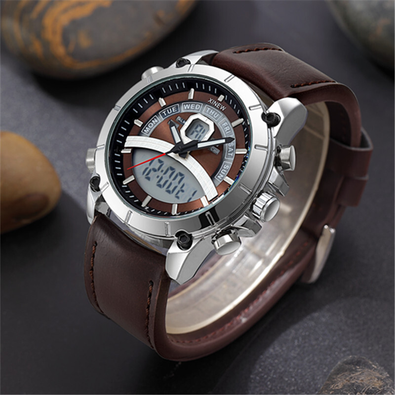 Lahedad meeste suurte brändide disainiga käekellad DZ õpilastele Moodne nahkrihm Kahe ekraaniga multifunktsionaalne kronograafiga spordikell, must