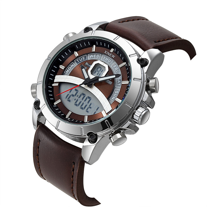 Lahedad meeste suurte brändide disainiga käekellad DZ õpilastele Moodne nahkrihm Kahe ekraaniga multifunktsionaalne kronograafiga spordikell, must