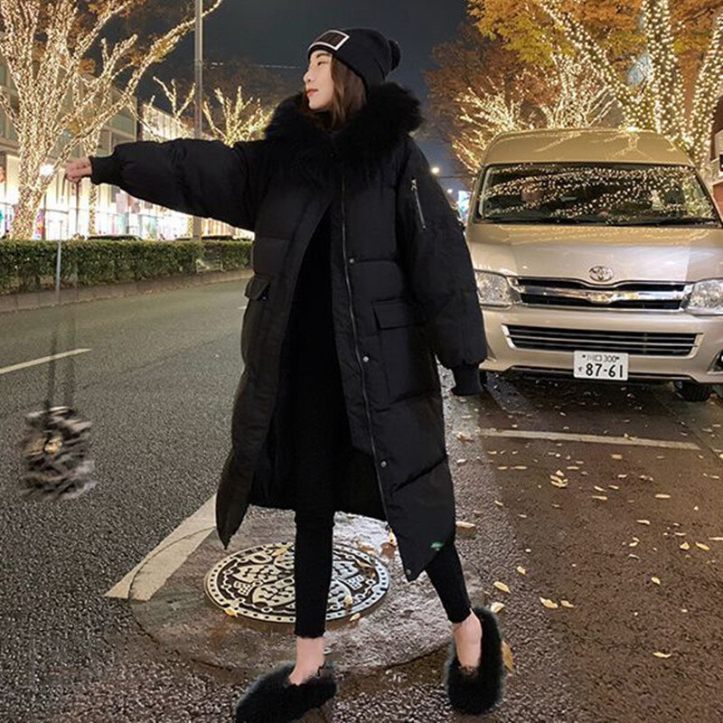 Zimska puhasta pamučna jakna Ženska zimska jakna s kapuljačom i ovratnikom od umjetnog krzna Topla parka Snow Outwear Prevelika duga zimska jakna C363