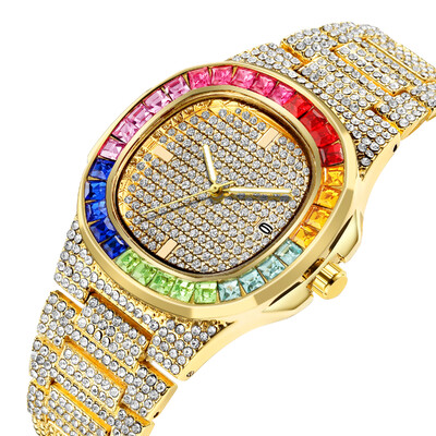 Ανδρικό ρολόι Hip Hop Iced Out Χρυσό Χρώμα Ρολόι Quartz Luxury Full Diamond Στρογγυλά ρολόγια Δώρο κοσμήματα από ανοξείδωτο ατσάλι