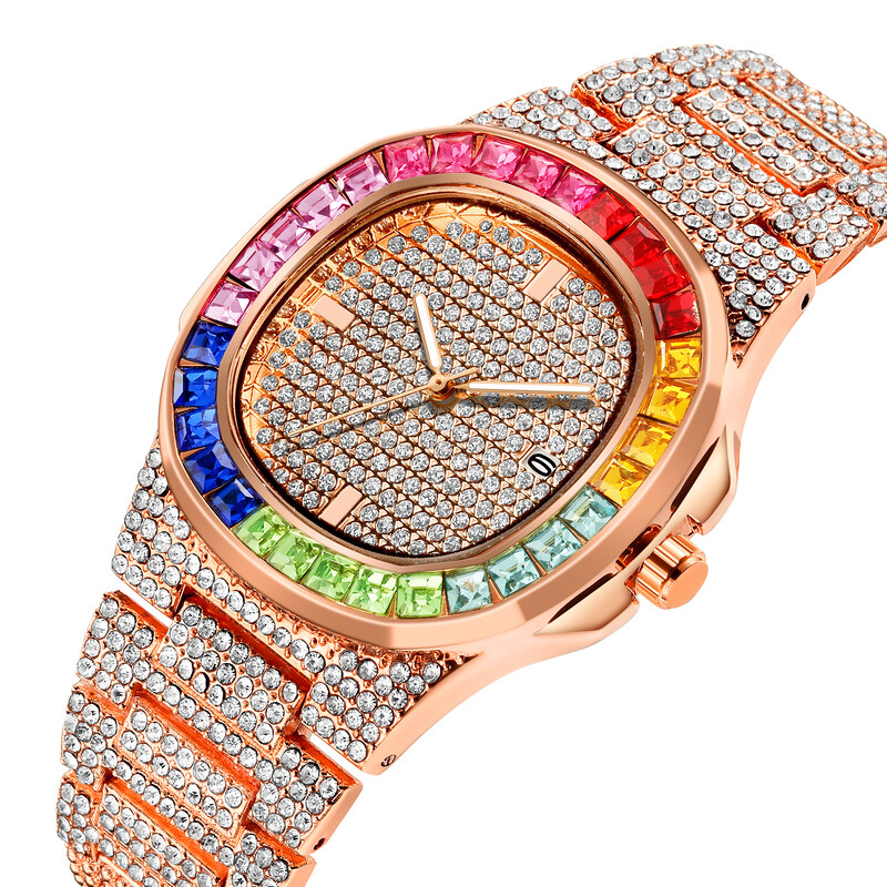 Ανδρικό ρολόι Hip Hop Iced Out Χρυσό Χρώμα Ρολόι Quartz Luxury Full Diamond Στρογγυλά ρολόγια Δώρο κοσμήματα από ανοξείδωτο ατσάλι
