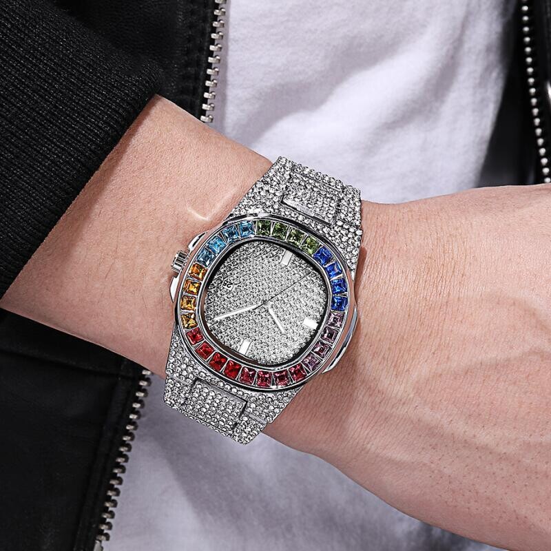 Ανδρικό ρολόι Hip Hop Iced Out Χρυσό Χρώμα Ρολόι Quartz Luxury Full Diamond Στρογγυλά ρολόγια Δώρο κοσμήματα από ανοξείδωτο ατσάλι