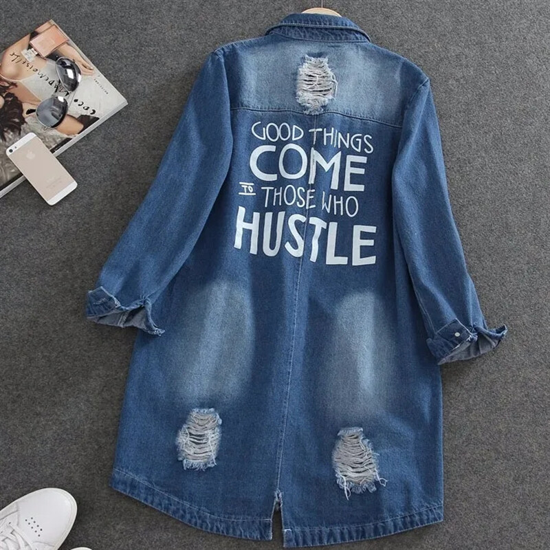 2024 Traper jakna s rupama i neobrađenim rubovima Ženska košulja Proljeće Jesen Jeancoat Ležerna gornja odjeća Ženski dugi kaput 9XL