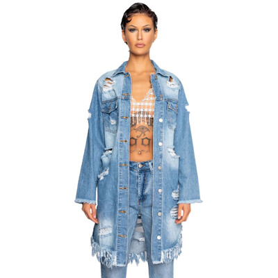 Trenci pentru damă cu mânecă lungă, cu ciucuri, pelerină din denim, îmbrăcăminte la modă