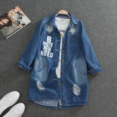 Plus veličina 9XL Jesenska duga ženska traper jakna Kaput s rupama Slovo Oversize Ležerne široke traper jakne Ženska vanjska odjeća Vjetrovka