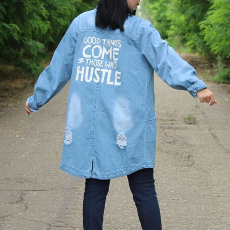 Plus veličina 9XL Jesenska duga ženska traper jakna Kaput s rupama Slovo Oversize Ležerne široke traper jakne Ženska vanjska odjeća Vjetrovka