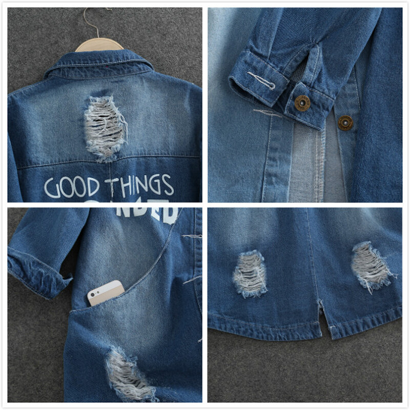 Plus veličina 9XL Jesenska duga ženska traper jakna Kaput s rupama Slovo Oversize Ležerne široke traper jakne Ženska vanjska odjeća Vjetrovka