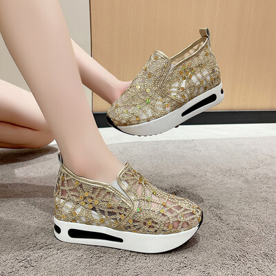Cipele Ženske cipele na platformu sa šljokicama Prozračne mreže Ženske zlatno srebrne tenisice s platformom Ženske cipele na platformu za povećanje visine Ležerne cipele