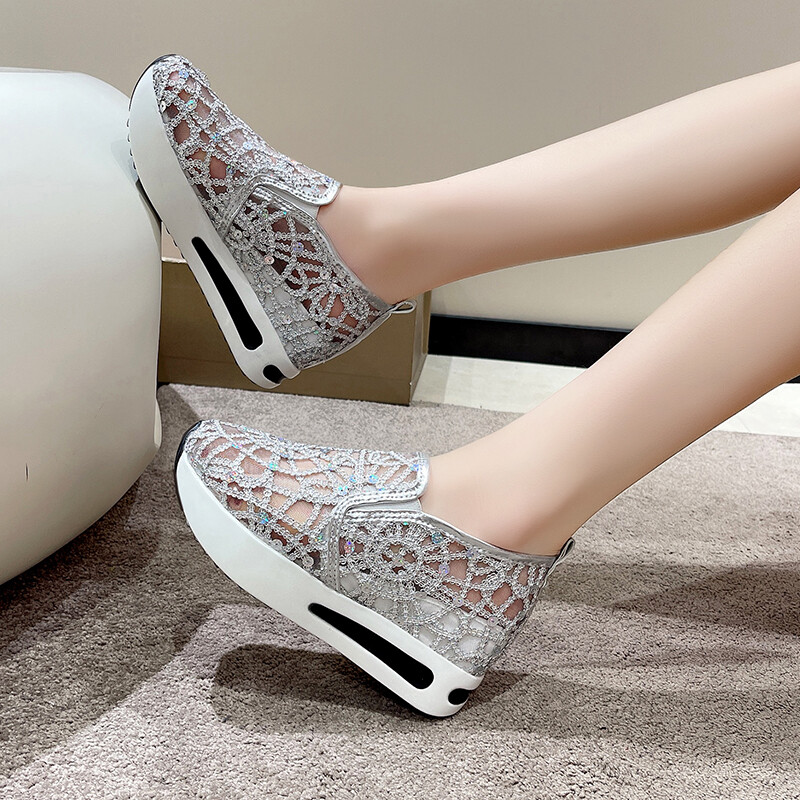 Cipele Ženske cipele na platformu sa šljokicama Prozračne mreže Ženske zlatno srebrne tenisice s platformom Ženske cipele na platformu za povećanje visine Ležerne cipele