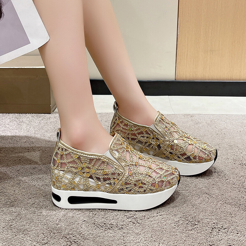 Cipele Ženske cipele na platformu sa šljokicama Prozračne mreže Ženske zlatno srebrne tenisice s platformom Ženske cipele na platformu za povećanje visine Ležerne cipele