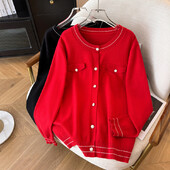 170Kg Plus Veličina Žensko grudi 160cm Proljeće Jesen Opušteni Mali mirisni kardigan Pleteni Crni Crveni 5XL 6XL 7XL 8XL 9XL 10XL