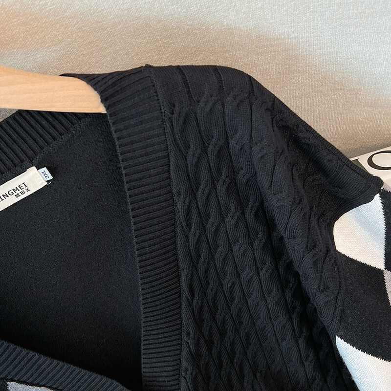 160Kg Suures suuruses naiste rinnakorv 160 Sügisene V-kaelusega kardigan kampsun, kootud teemantruuduline mantel, must 6XL 7XL 8XL 9XL10XL