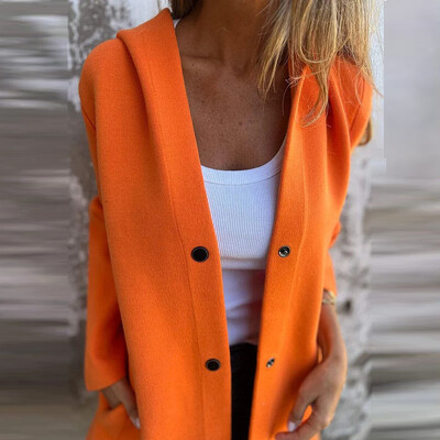 Nova jesen 2024., vintage, jednobojna jakna s jednorednim kopčanjem, ležerni džepovi, široki kaput s kapuljačom, ženski elegantni topli, ravni kardigan