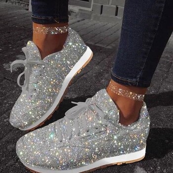 Γυναικεία παπούτσια casual glitter με διχτυωτές φλατ παπούτσια Γυναικείες παγιέτες βουλκανιζέ παπούτσια με κορδόνια Αθλητικά παπούτσια εξωτερικού χώρου για τρέξιμο