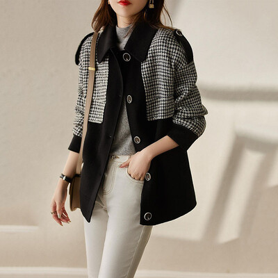 2023 Φθινόπωρο Χειμώνας Νέα Μόδα Μάλλινο Μπουφάν Γυναικείο Μπουφάν με Άγρια Αντίθετα Χρώματα Καφασωτό Splicing Κοντό γυναικείο μάλλινο παλτό