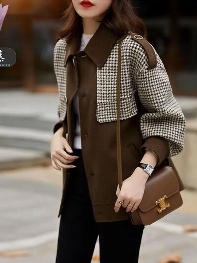 2023 Φθινόπωρο Χειμώνας Νέα Μόδα Μάλλινο Μπουφάν Γυναικείο Μπουφάν με Άγρια Αντίθετα Χρώματα Καφασωτό Splicing Κοντό γυναικείο μάλλινο παλτό