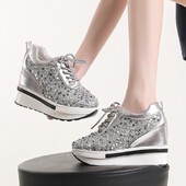 Γυναικεία πάνινα παπούτσια με σχέδιο ασημί πούλιες 2024 Φθινόπωρο Νέα Γυναικεία Βουλκανιζέ Παπούτσια Σούπερ Ψηλοτάκουνα Μόδα Ευέλικτα Παπούτσια Πλατφόρμας