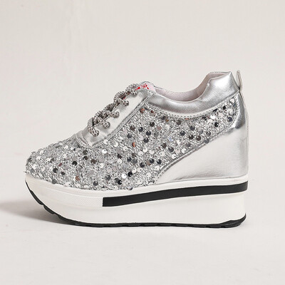 Γυναικεία πάνινα παπούτσια με σχέδιο ασημί πούλιες 2024 Φθινόπωρο Νέα Γυναικεία Βουλκανιζέ Παπούτσια Σούπερ Ψηλοτάκουνα Μόδα Ευέλικτα Παπούτσια Πλατφόρμας