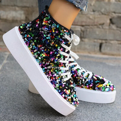 Pantofi vulcanizați pentru femei Pantofi cu platformă cu paiete pentru femei Pantofi casual de modă, pantofi cu platformă pentru alergare, sport, respirabili