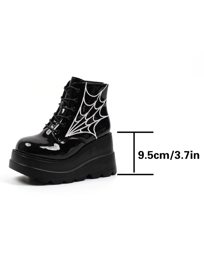 Goth platforma crna paukova mreža izvezene gležnjače čizme s križnim remenima Platforma za posao Platforma platforma Cipele za pozornicu