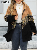 GIBSIE Plus Size Leopardi värvi plokk, tõmblukuga mantel, naiste 2024. aasta sügisene fliisist pikkade varrukatega paks soe jakk, naiste välirõivad