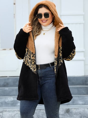 GIBSIE Plus Size Leopard Color Block με φερμουάρ Γυναικείο παλτό 2024 Φθινοπωρινό Χειμερινό Fleece Μακρυμάνικο Παχύ Ζεστό Μπουφάν Γυναικεία Ενδύματα