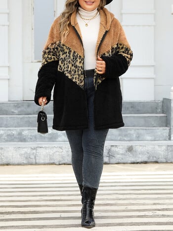 GIBSIE Plus Size Leopard Color Block με φερμουάρ Γυναικείο παλτό 2024 Φθινοπωρινό Χειμερινό Fleece Μακρυμάνικο Παχύ Ζεστό Μπουφάν Γυναικεία Ενδύματα