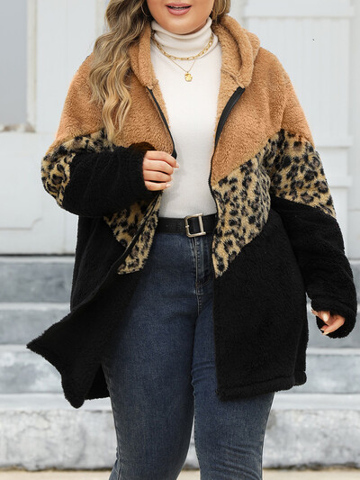 GIBSIE Plus Size Leopardi värvi plokk, tõmblukuga mantel, naiste 2024. aasta sügisene fliisist pikkade varrukatega paks soe jakk, naiste välirõivad