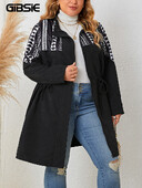 GIBSIE Crni srednje dugi kaput s etničkim printom velike veličine Ženski novi jesen 2023., vintage, ležerna gornja odjeća s patentnim zatvaračem s uzicom