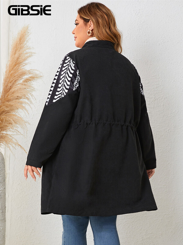 GIBSIE Crni srednje dugi kaput s etničkim printom velike veličine Ženski novi jesen 2023., vintage, ležerna gornja odjeća s patentnim zatvaračem s uzicom