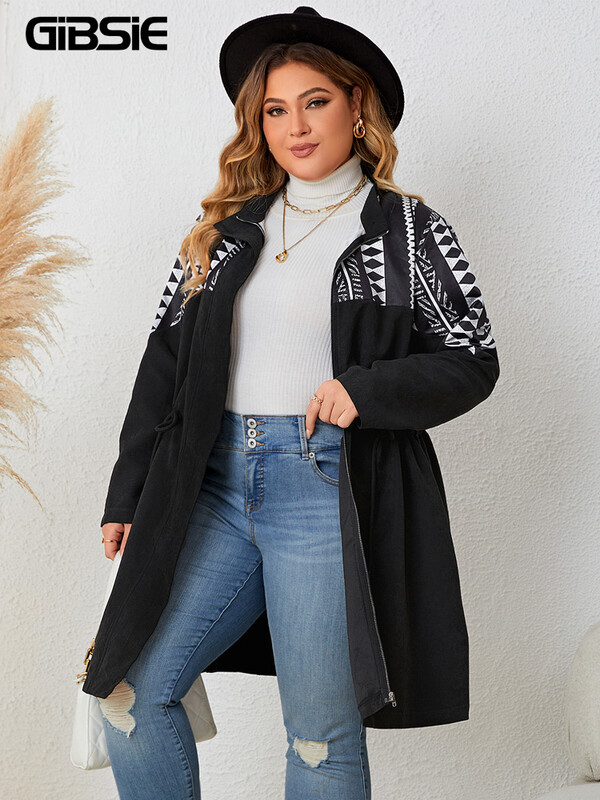 GIBSIE Crni srednje dugi kaput s etničkim printom velike veličine Ženski novi jesen 2023., vintage, ležerna gornja odjeća s patentnim zatvaračem s uzicom
