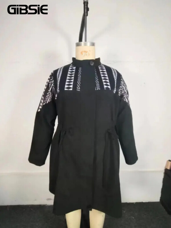 GIBSIE Crni srednje dugi kaput s etničkim printom velike veličine Ženski novi jesen 2023., vintage, ležerna gornja odjeća s patentnim zatvaračem s uzicom