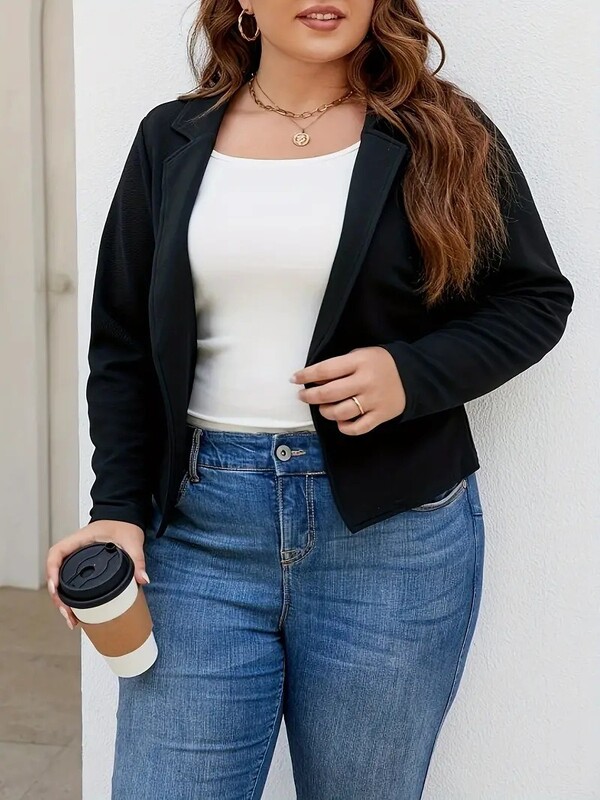 GIBSIE Veliki crni kratki kaput s urezanim ovratnikom Ženski proljeće jesen, ležerni otvoreni prednji rever, jednobojni gornji dijelovi jakne dugih rukava