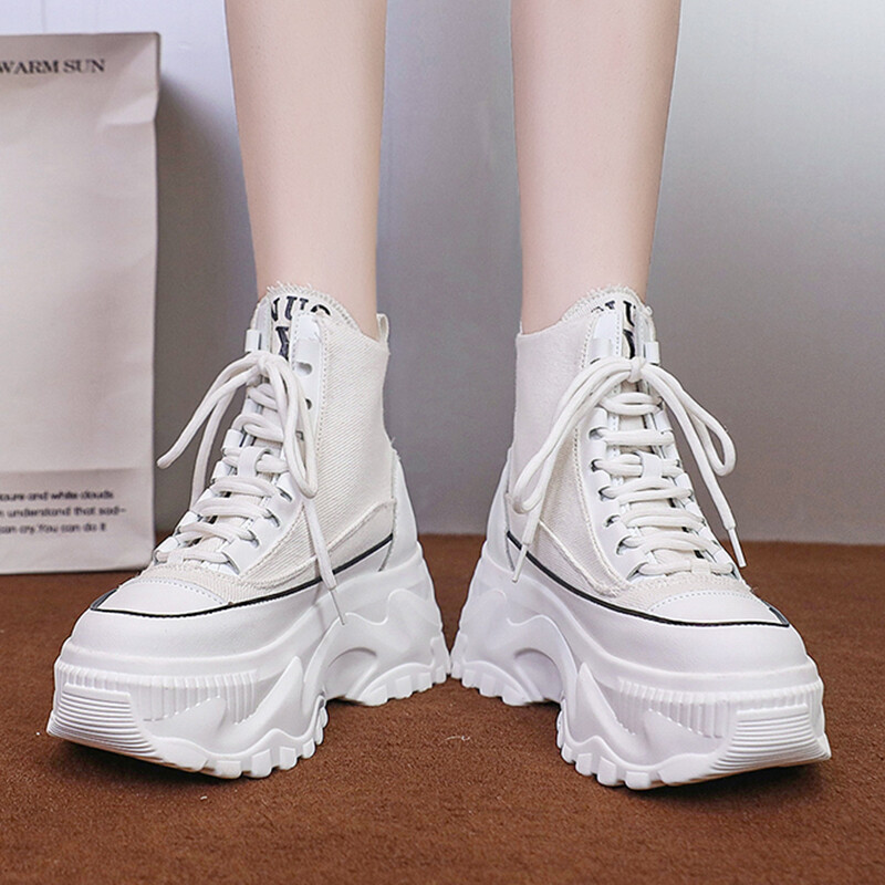 Модни розови мотоциклетни ботуши с масивна платформа Дамски обувки с дебело дъно и връзки до глезена Botas Mujer Есен Зима 2023 Вулканизирани обувки