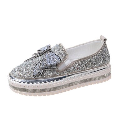 Кристални корейски обувки Собове с платформа и кръгли пръсти Големи размери Дамски ежедневни женски маратонки Плоски плочки Rhinestone 2024 Creepers Glitter Big