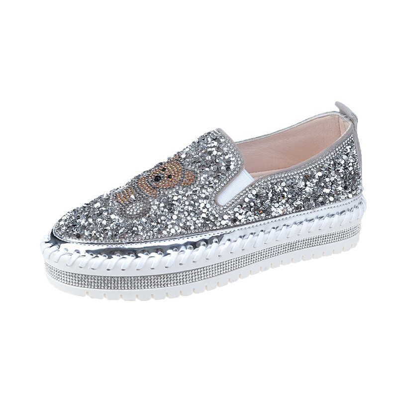 Кристални корейски обувки Собове с платформа и кръгли пръсти Големи размери Дамски ежедневни женски маратонки Плоски плочки Rhinestone 2024 Creepers Glitter Big