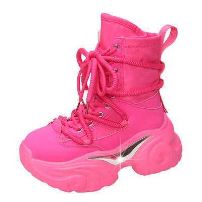 Fashion Chunky Platform Μπότες Μοτοσικλέτας Γυναικείες Hot Red Lace Up Παπούτσια με παχύ κάτω μέρος Γυναικεία Φθινοπωρινά χειμερινά πανκ μποτάκια γυναικεία