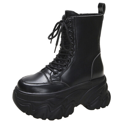 Punk čizme sa super visokom platformom Ženske motociklističke čizme na debelu petu Ženske crno-bijele debele čizme do gležnja Ženske