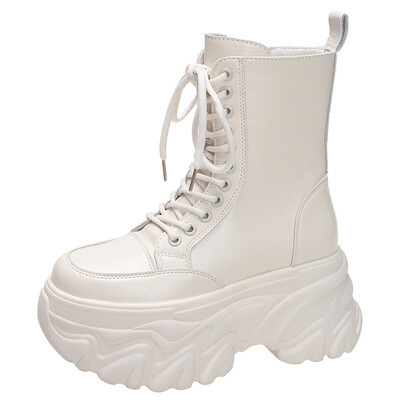 Punk čizme sa super visokom platformom Ženske motociklističke čizme na debelu petu Ženske crno-bijele debele čizme do gležnja Ženske