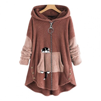 Ζακέτα με κουκούλα με μακρυμάνικο φαρδύ μπουφάν Lady Χειμερινή λούτρινη ζακέτα με κουκούλα μεσαίου μήκους