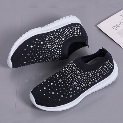 Дамски плетени кецове Rimocy Shiny Crystal Големи размери Леки обувки с равни обувки Дамски ежедневни дамски чорапи с меко дъно