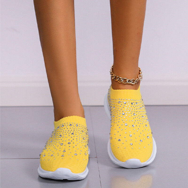 Дамски плетени кецове Rimocy Shiny Crystal Големи размери Леки обувки с равни обувки Дамски ежедневни дамски чорапи с меко дъно