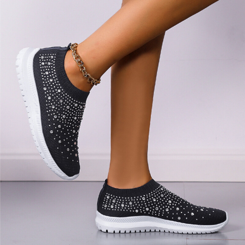 Дамски плетени кецове Rimocy Shiny Crystal Големи размери Леки обувки с равни обувки Дамски ежедневни дамски чорапи с меко дъно