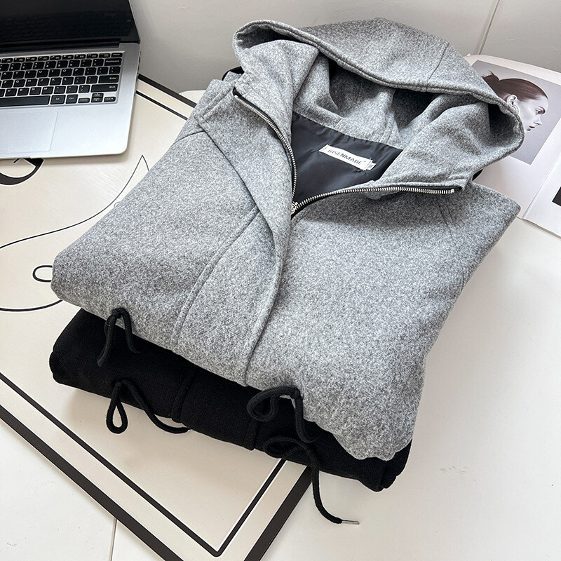 Ženski Jesen Zima Vuneni kaput velikih veličina Ležerna odjeća MD-LONG Uzica s kapuljačom do struka Kaput Curve S6 5709