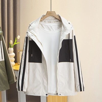 Jesenska odjeća 2023., Ženska jakna s patentnim zatvaračem, velika veličina, široki kaputi s dva prugasta rukava, ležerna gornja odjeća s kapuljačom u boji