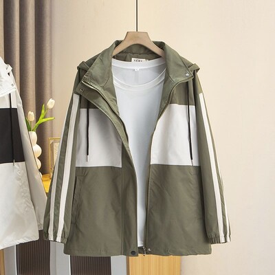 Jesenska odjeća 2023., Ženska jakna s patentnim zatvaračem, velika veličina, široki kaputi s dva prugasta rukava, ležerna gornja odjeća s kapuljačom u boji