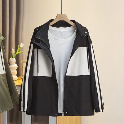 Jesenska odjeća 2023., Ženska jakna s patentnim zatvaračem, velika veličina, široki kaputi s dva prugasta rukava, ležerna gornja odjeća s kapuljačom u boji