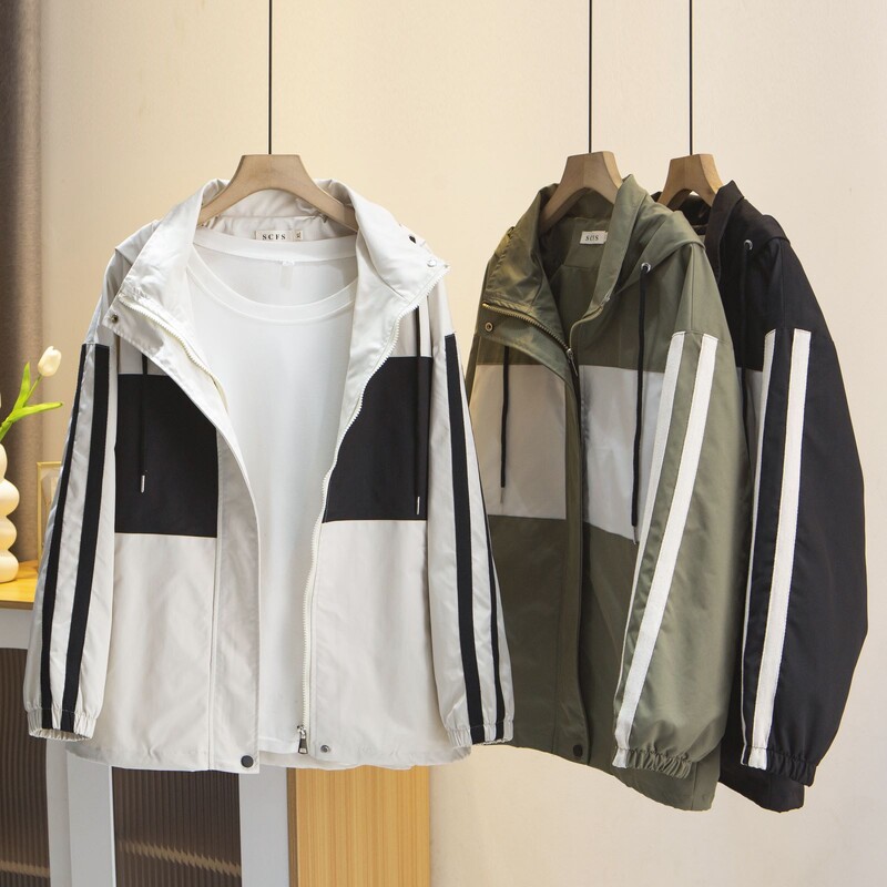 Jesenska odjeća 2023., Ženska jakna s patentnim zatvaračem, velika veličina, široki kaputi s dva prugasta rukava, ležerna gornja odjeća s kapuljačom u boji