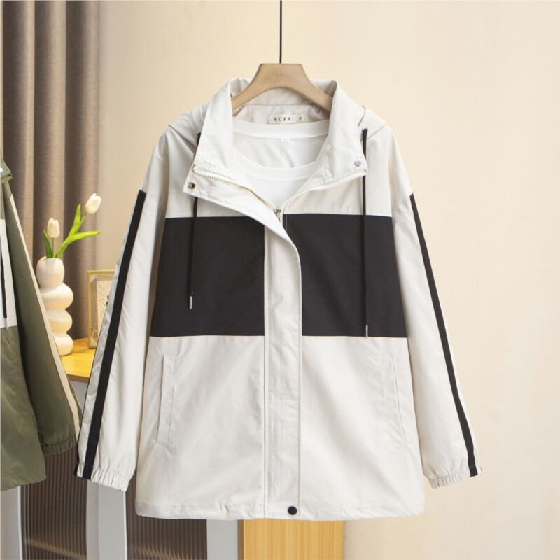 Jesenska odjeća 2023., Ženska jakna s patentnim zatvaračem, velika veličina, široki kaputi s dva prugasta rukava, ležerna gornja odjeća s kapuljačom u boji