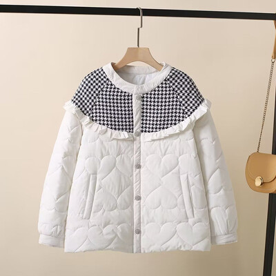 Ženska odjeća velikih veličina, zimska jakna dugih rukava, okrugli izrez, četvrtasti tartan s pohabanim rubom na ramenima, topli kaput